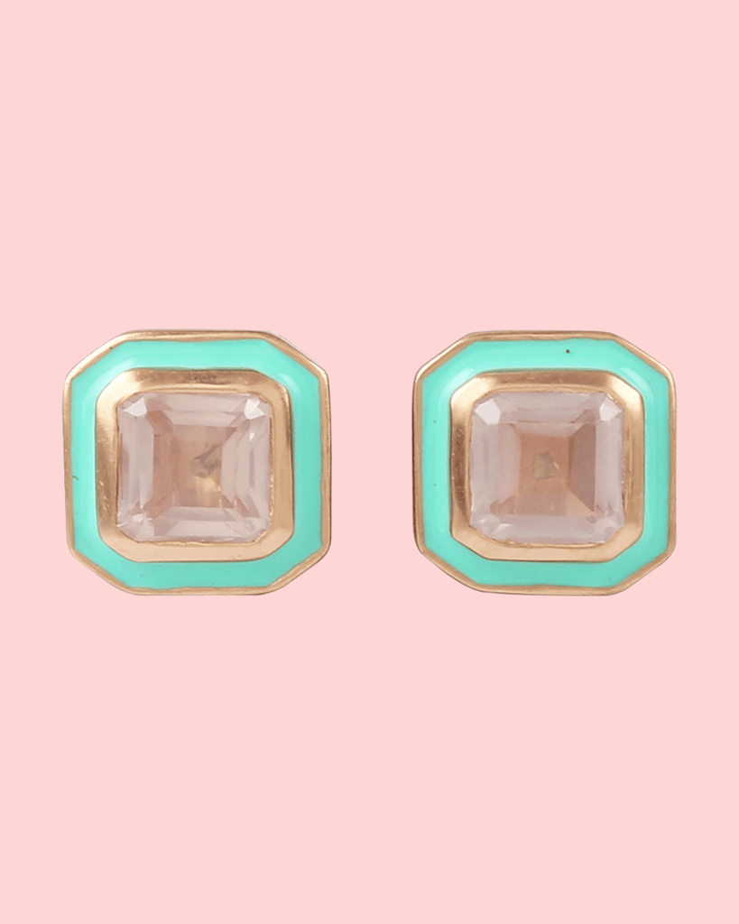 Seafoam enamel rose quartz studs